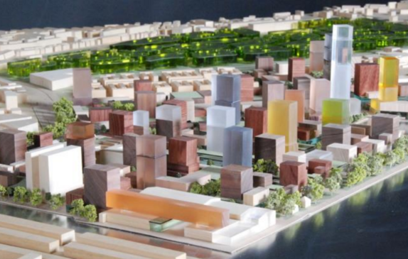 The picture shows an urban planning model (a maquette) of the planned Sluisbuurt high-rise district on Zeeburgereiland in Amsterdam