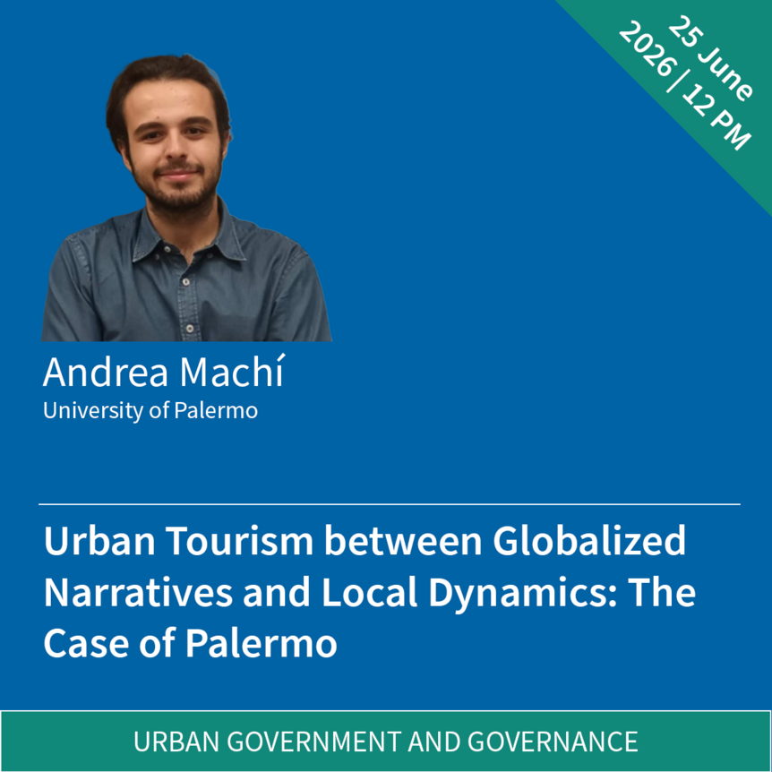 Graphic with a portrait photo of Andrea Machí and the title and time of the event