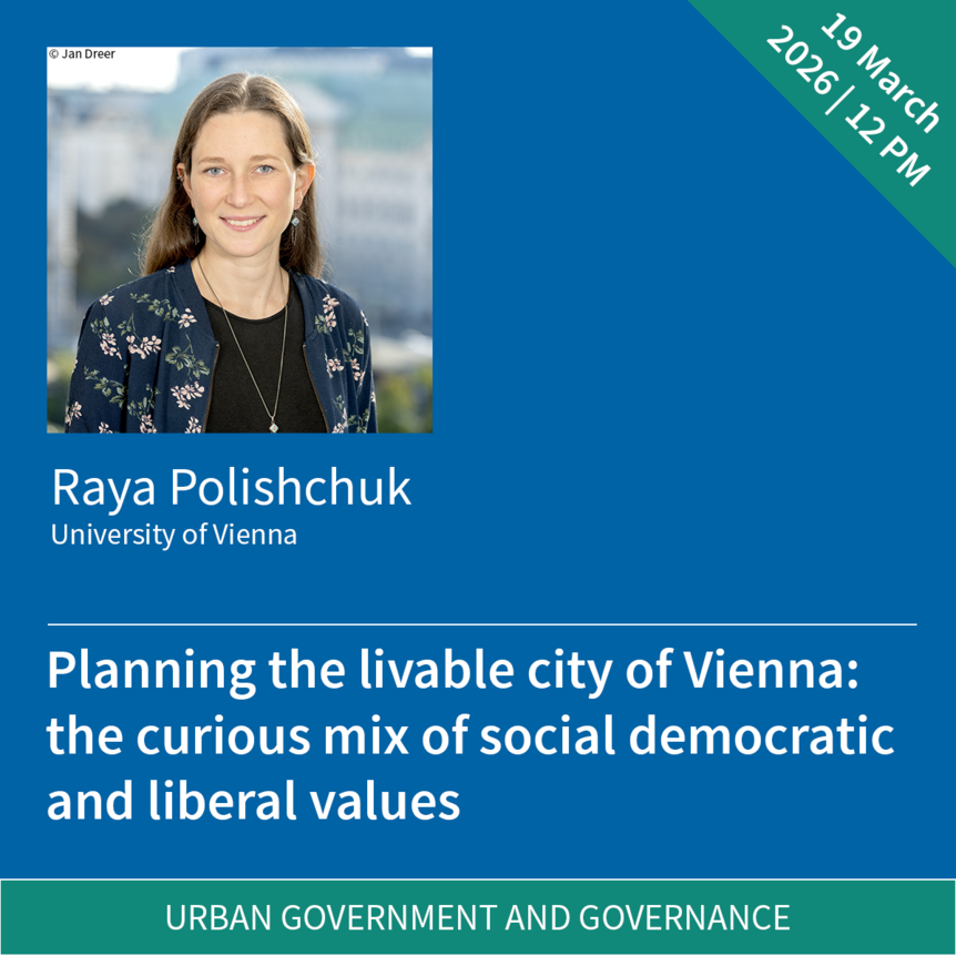 Graphic with blue background with a portrait picture of Raya Polishchuk and the date and title of the event. 