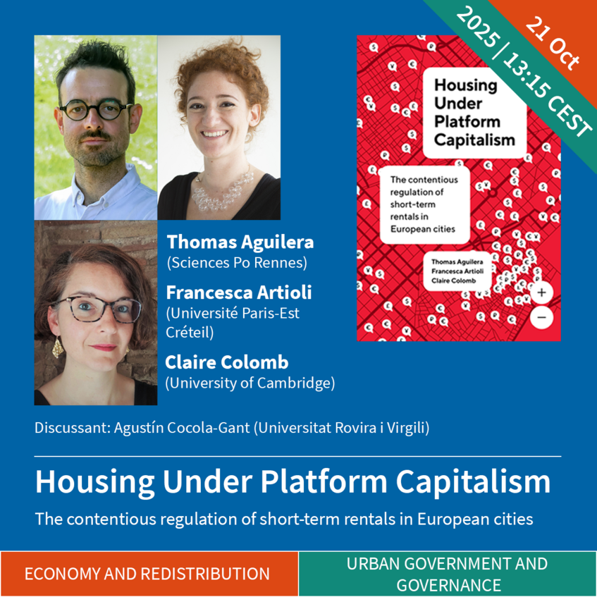 Graphic showing the book's cover and portrait photos of the authors Thomas Aguilera, Francesca Artioli and Claire Colomb, including the title of the book: Housing Under Platform Capitalism.