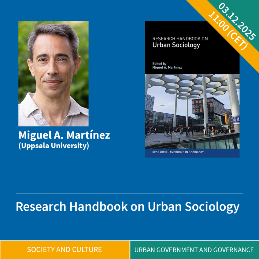 Graphics collage of the book cover, a potrait photo of Miguel Martínez and the date and time of the event. 