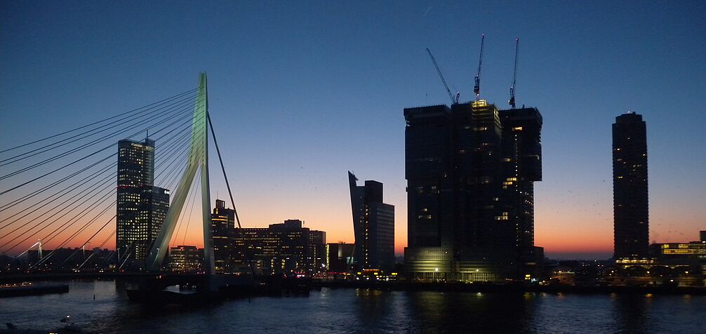 Erasmus bridge and skyline by night in Rotterdam 