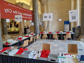 The registration desk in the entrance hall
