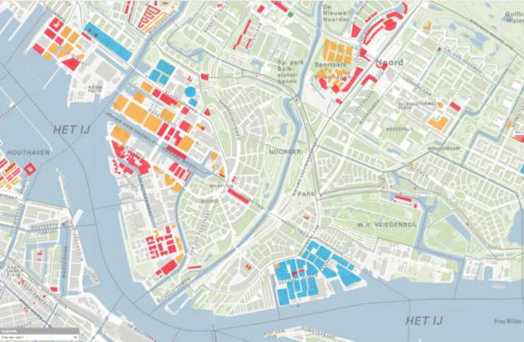 Map of the North of Amsterdam. Redevelopment Plan with highlighted areas