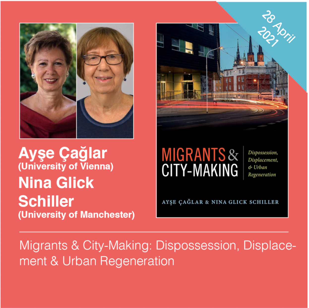Graphic collage with portrait photos of the speakers, the book's cover, and the title of the event