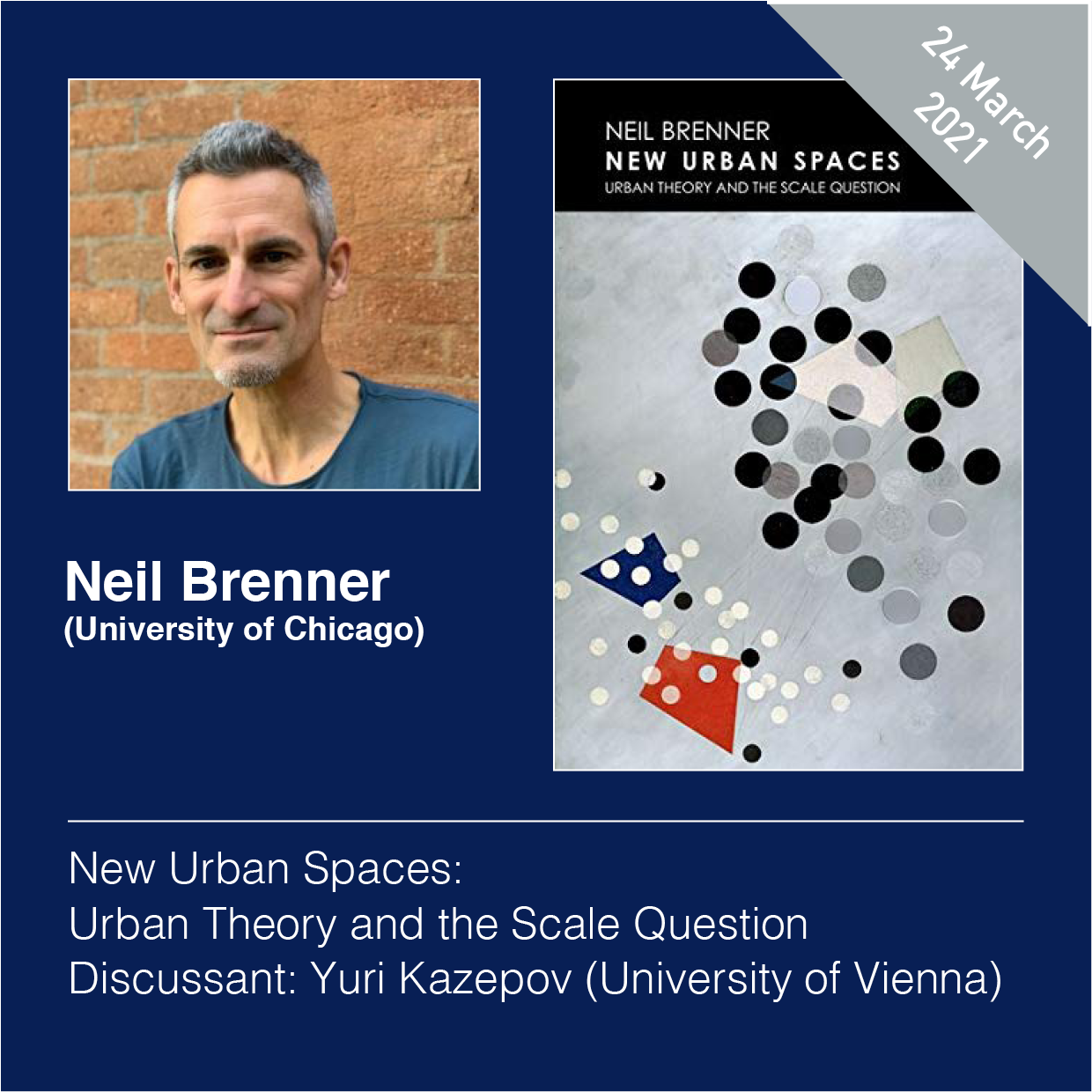 Graphic collage with a portrait photo of the speaker, the book's cover, and the title of the event