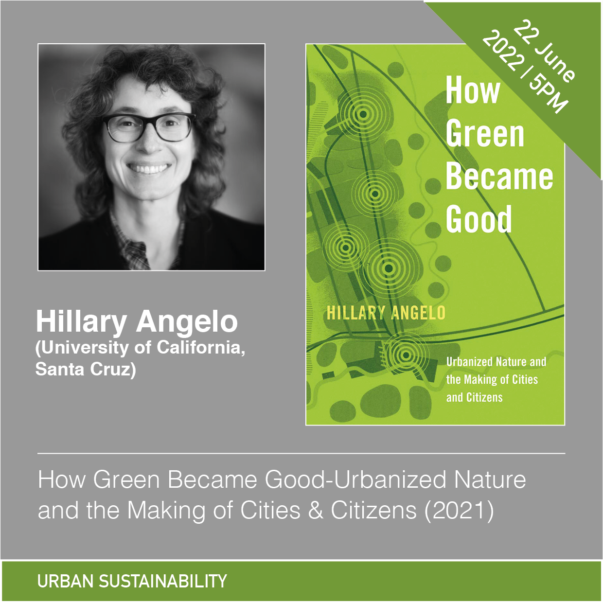 Graphic collage with a portrait photo of the speaker, the book's cover, and the title of the event
