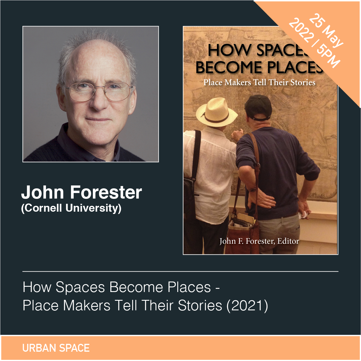 Graphic collage with a portrait photo of the speaker, the book's cover, and the title of the event