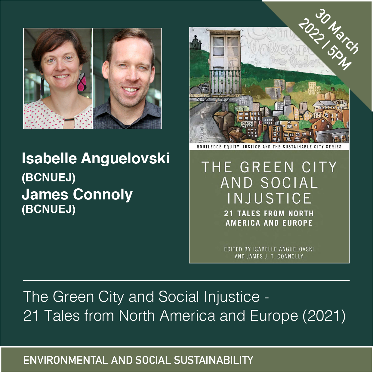 Graphic collage with portrait photos of the speakers, the book's cover, and the title of the event