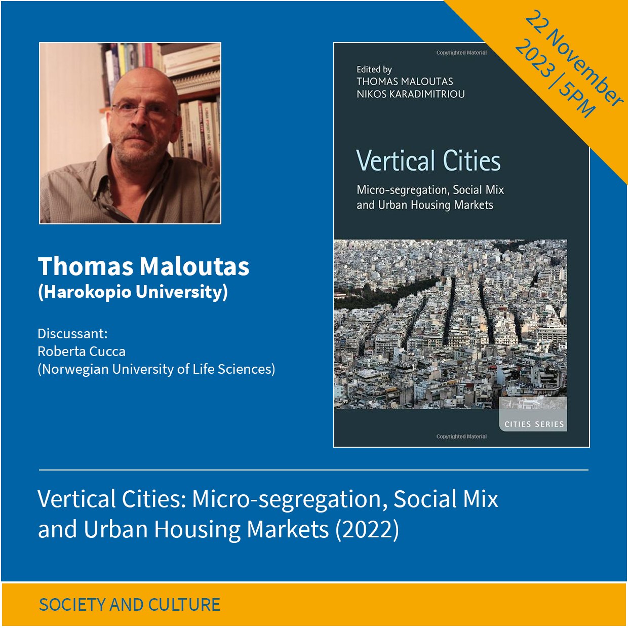 Graphic collage with a portrait photo of the speaker, the book's cover, and the title of the event