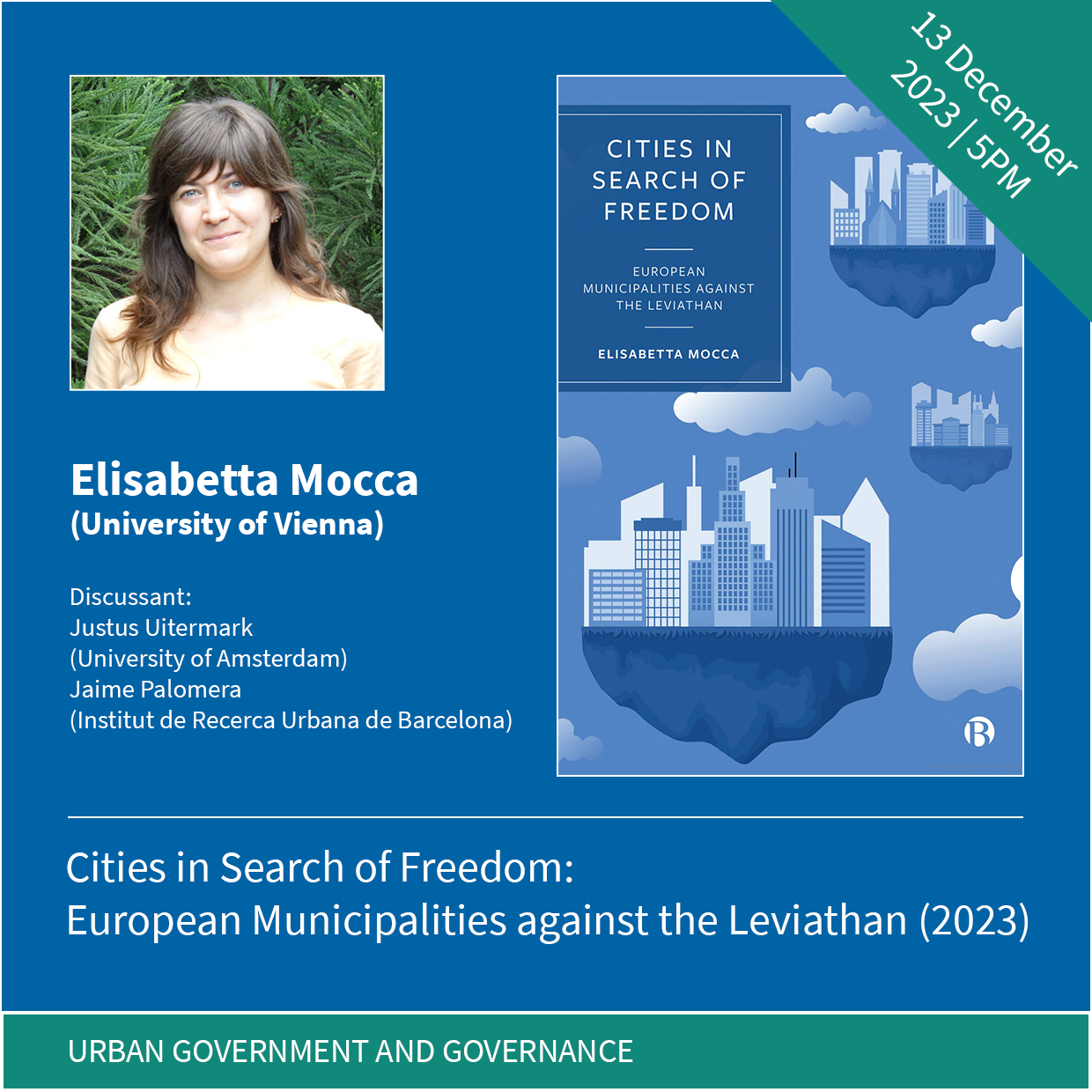 Graphic collage with a portrait photo of the speaker, the book's cover, and the title of the event