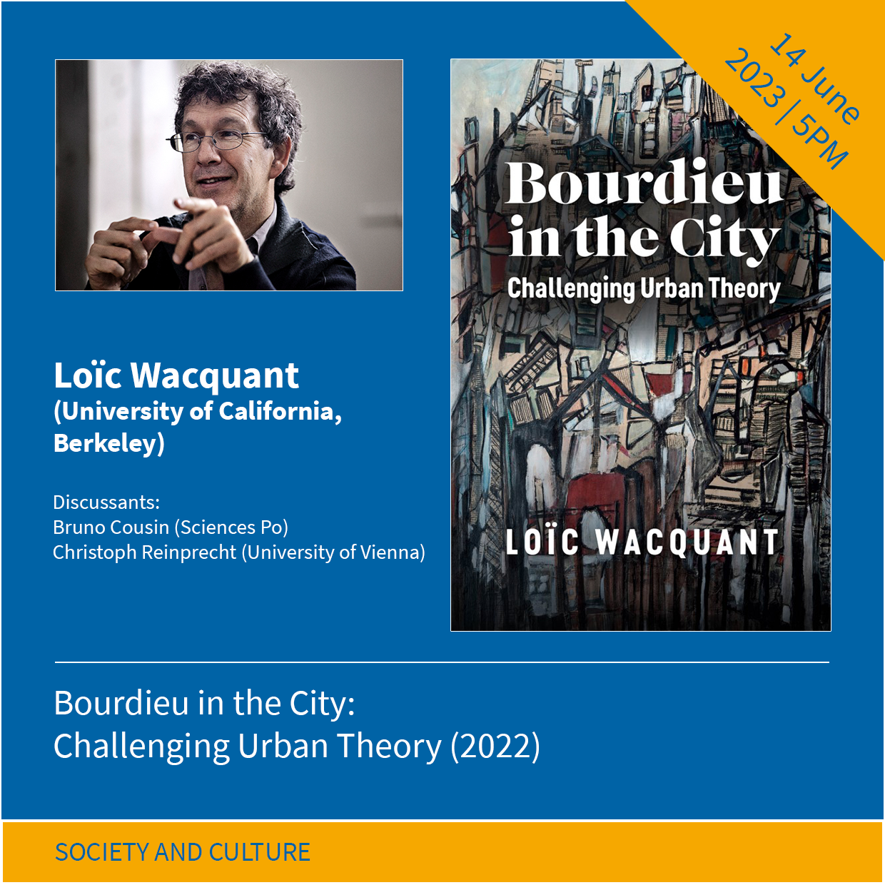 Graphic collage with a portrait photo of the speaker, the book's cover, and the title of the event