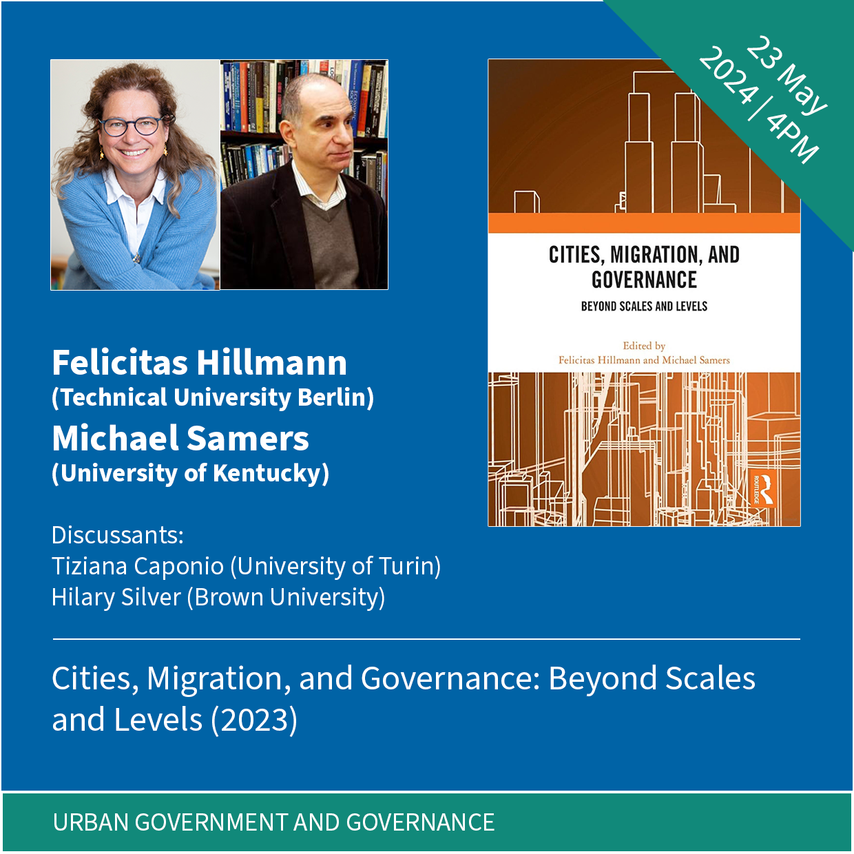 Graphic collage with portrait photos of the speakers, the book's cover, and the title of the event