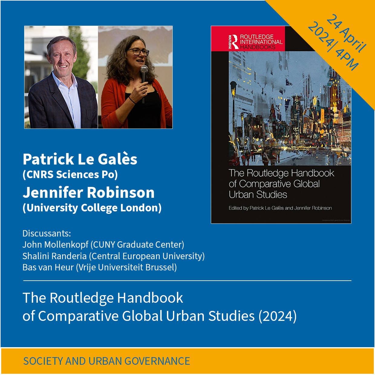 Graphic collage with portrait photos of the speakers, the book's cover, and the title of the event