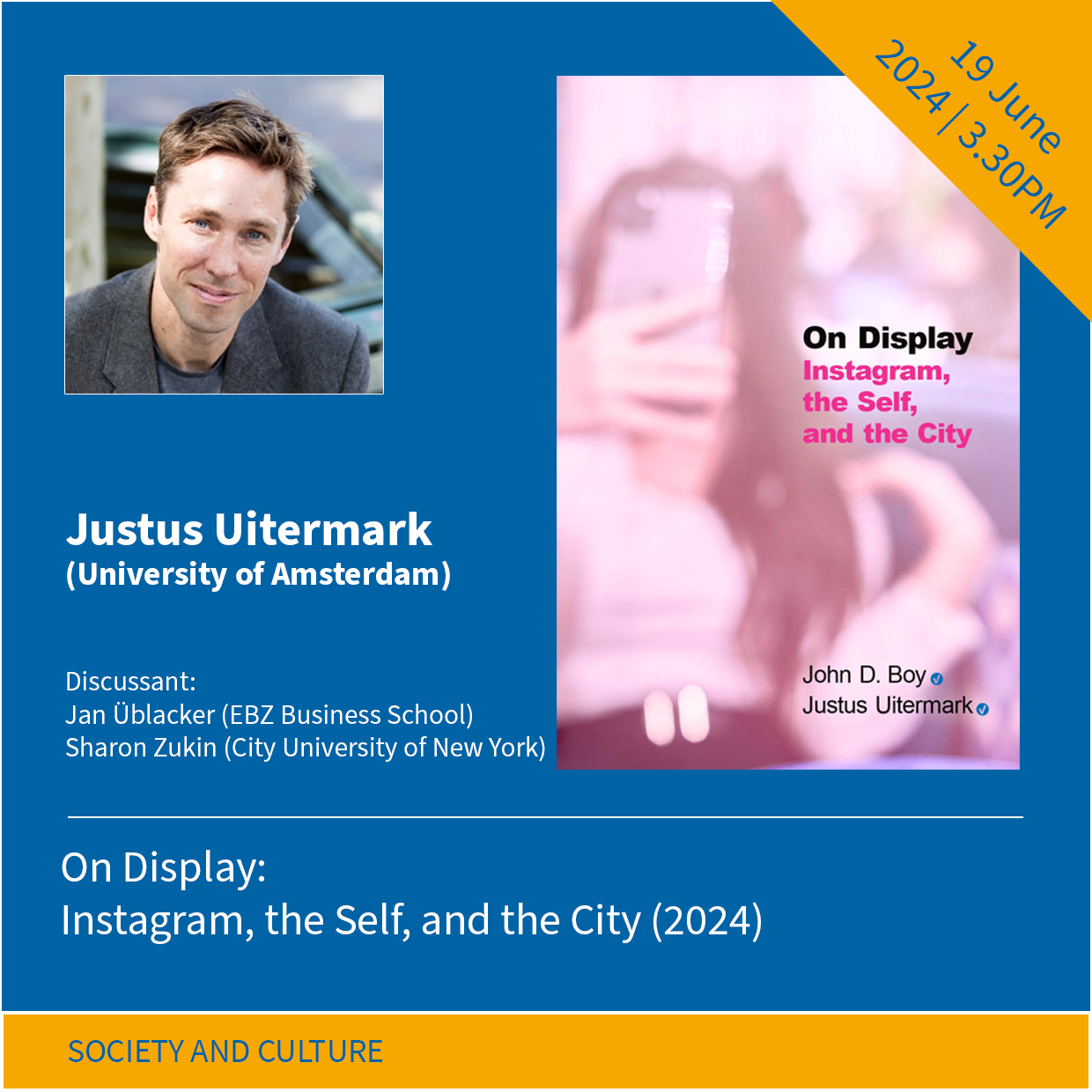 Graphic collage with a portrait photo of the speaker, the book's cover, and the title of the event