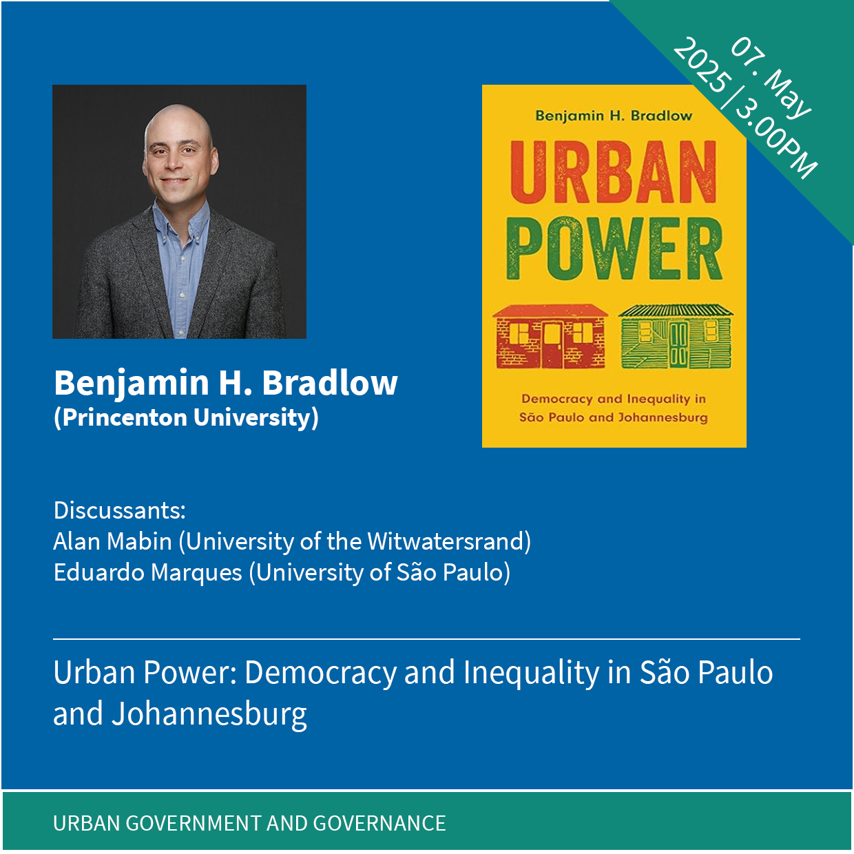 Graphic collage with a portrait photo of the speaker, the book's cover, and the title of the event