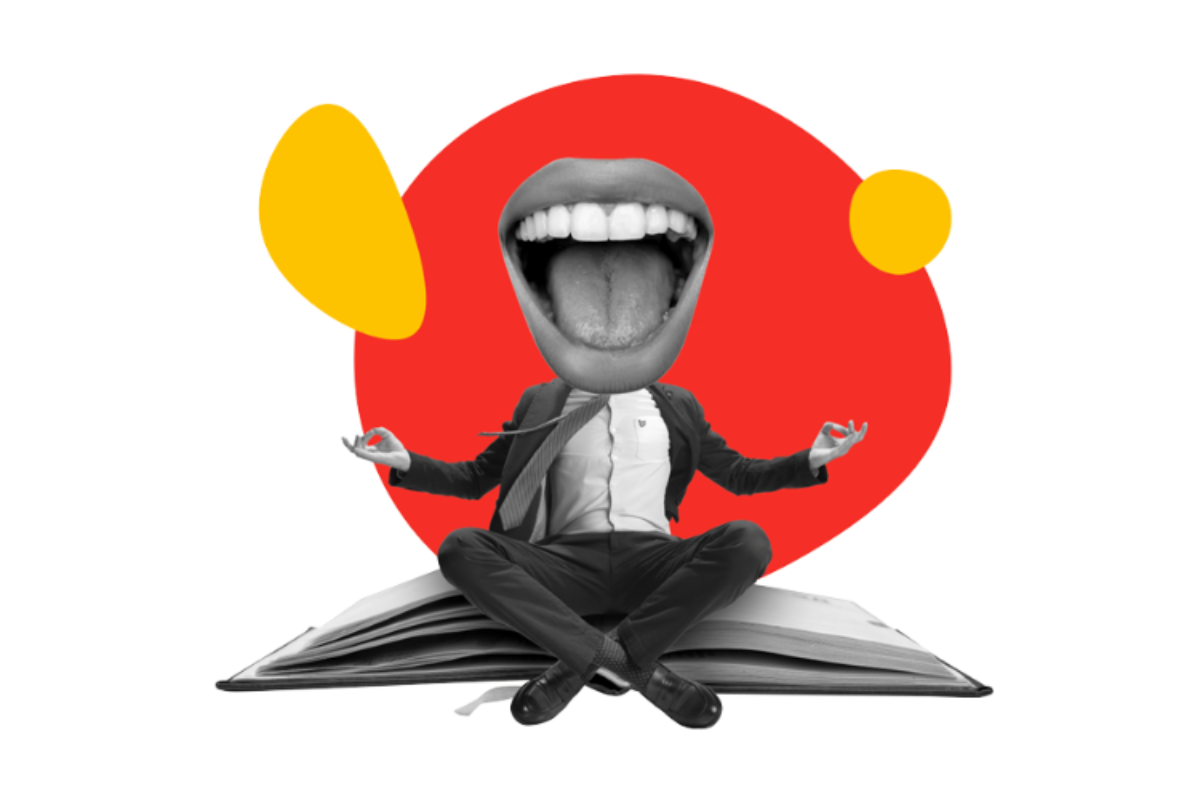 Abstract visualization of a person sitting on a book with a mouth as its head